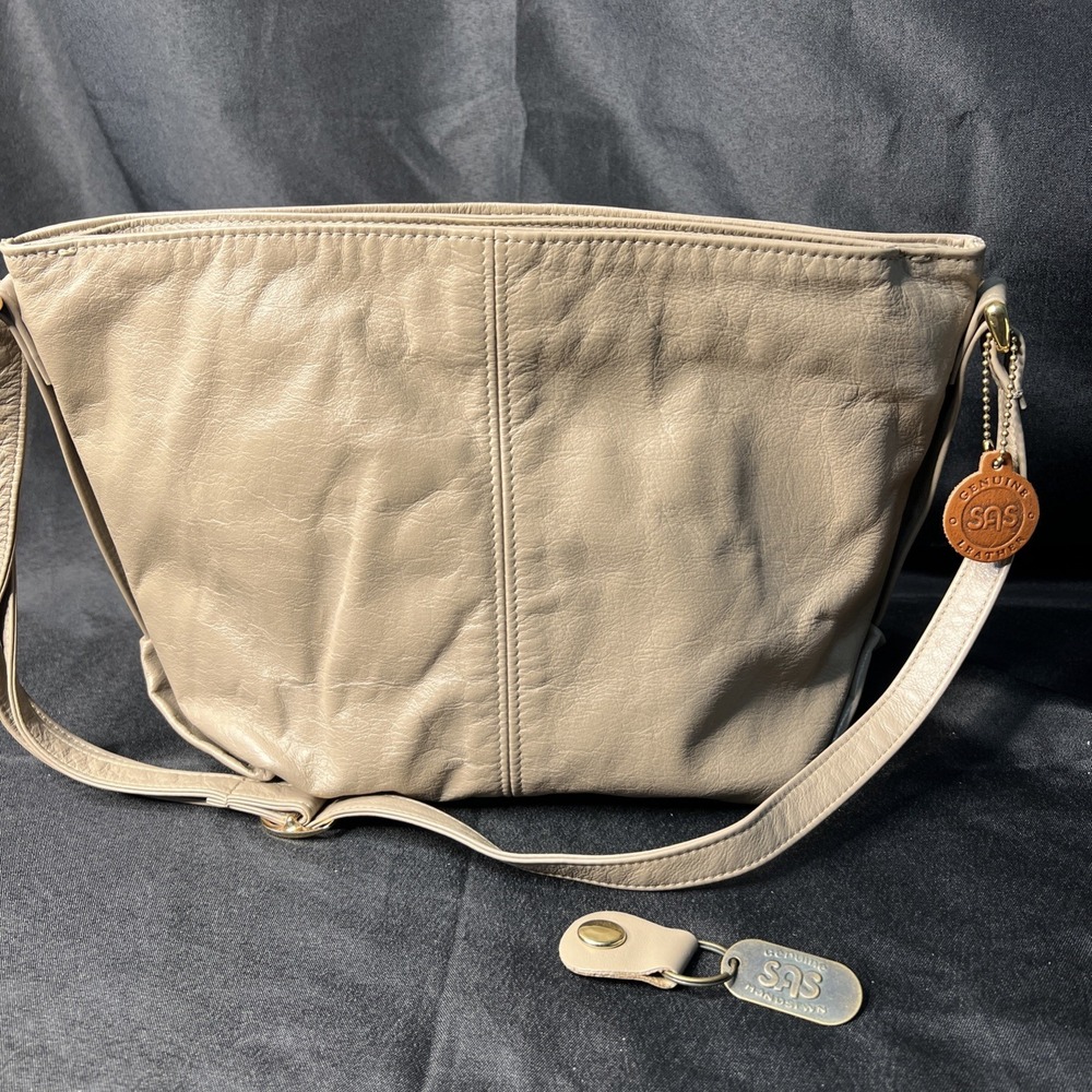 SAS Womens Genuine Leather Shoulder Bag Purse Beige USA Made Vintage 13x9x5 EUC